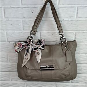 COACH KRISTIN Leather East West Tote Hobo Shoulder Bag in Taupe Mushroom color